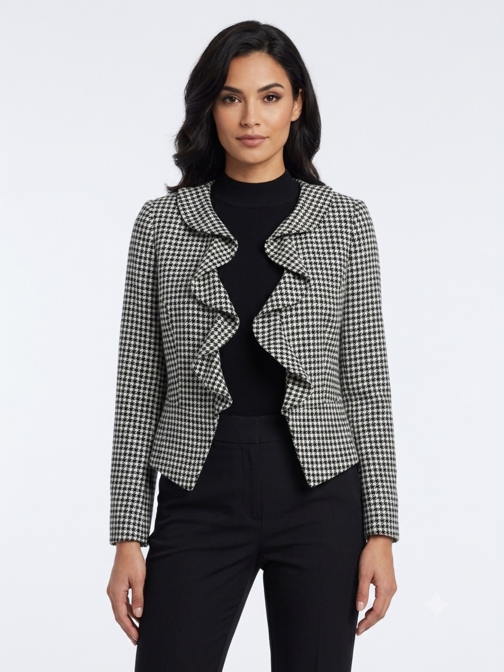 Houndstooth Ruffle Front Blazer - Black/White